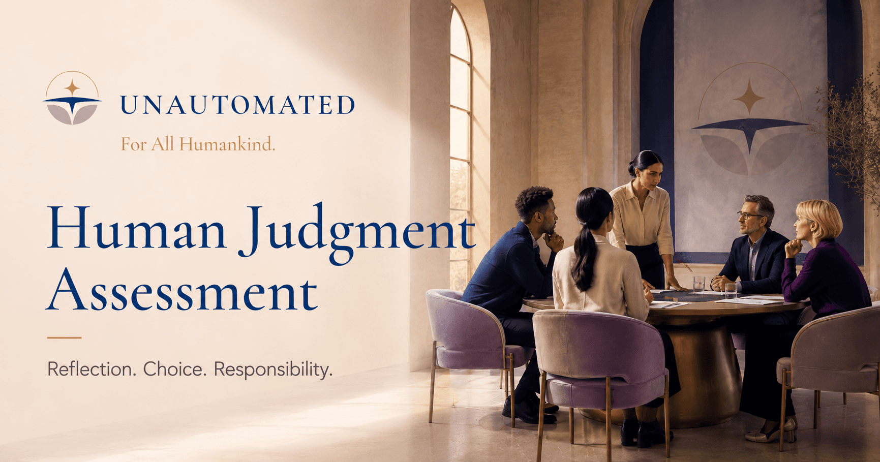 Human Judgment Reflection title artwork with an illustrative discussion setting.