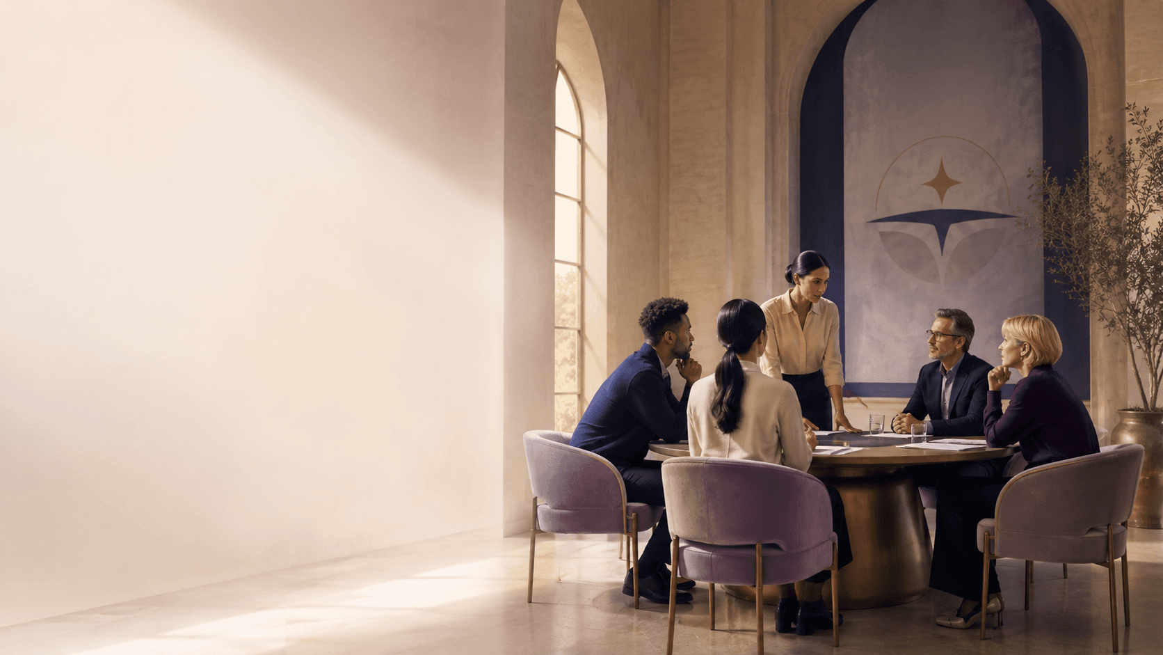 Illustrative organizational leadership discussion in a meeting room.