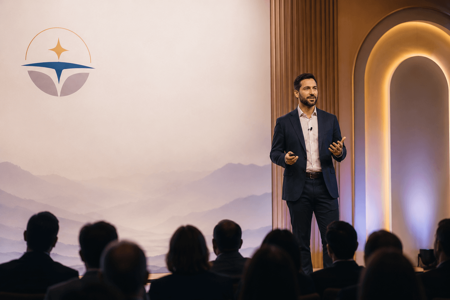 Illustrative keynote setting with a speaker addressing an audience.