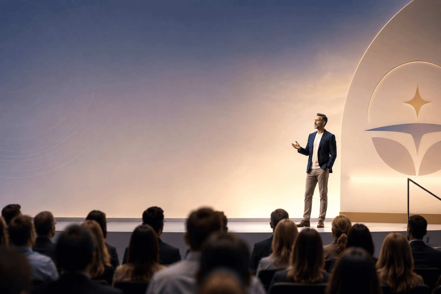An audience gathered for a keynote about responsible human leadership.