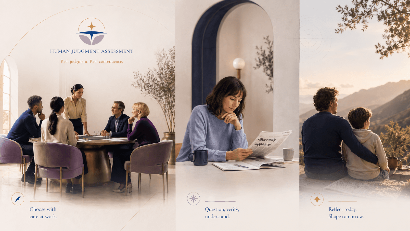 Illustrative panel showing decision moments at work, while reviewing information, and with family.