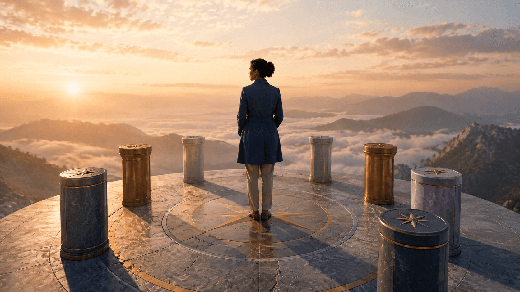 Editorial illustration of a person at a compass-like circle, reflecting on choice and human responsibility.