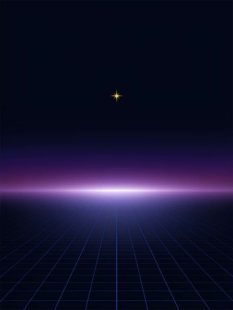 Abstract editorial illustration of a small gold star above a glowing horizon and dark perspective grid.